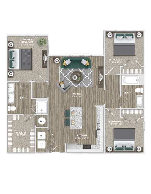 Floor plan for 3 beds, 2 baths, 1224 sqft